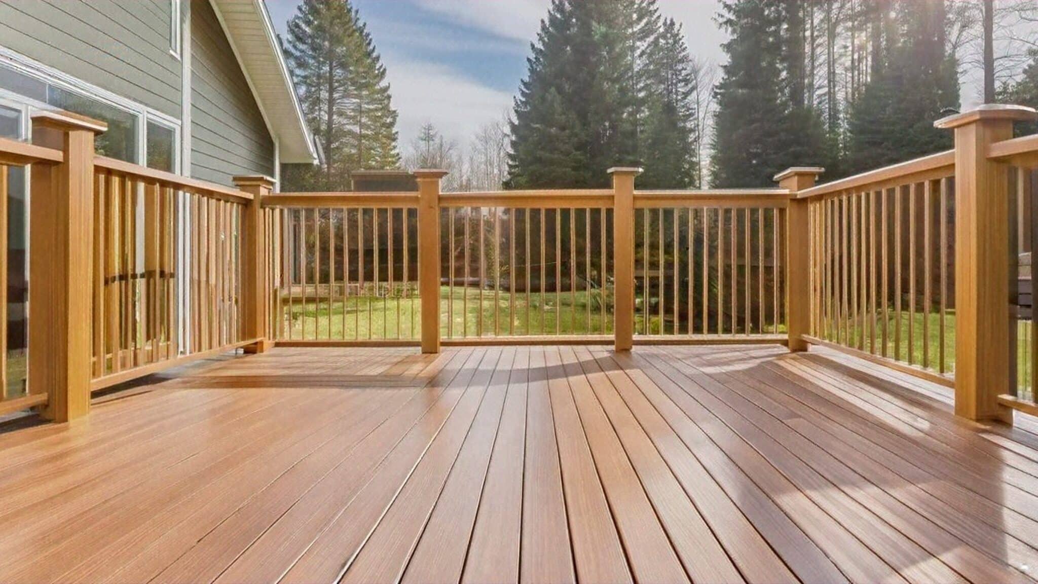 A wooden deck with railing, attached to a house, overlooking a green backyard with tall trees in the background.